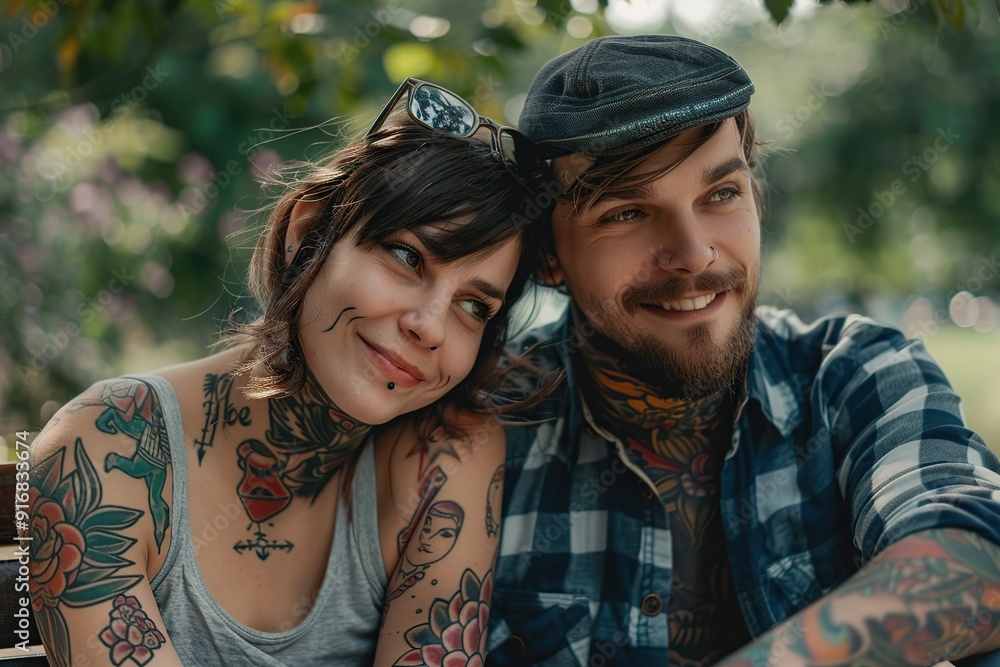 Beautiful happy couple with a lot of tattoos sitting on bench in the park