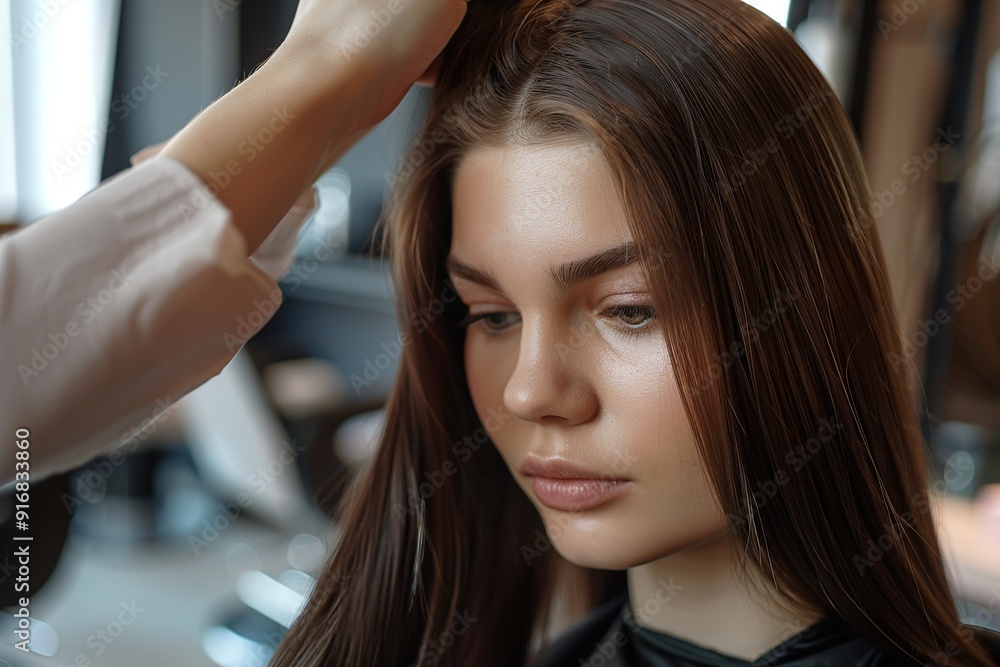 Naklejka premium Hairdresser making hairstyle for young girl in beauty hair salon