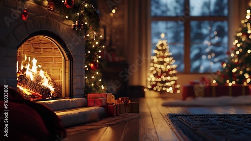 Cozy Christmas evening by the fireplace with decorated trees and gifts in a warm living room photo