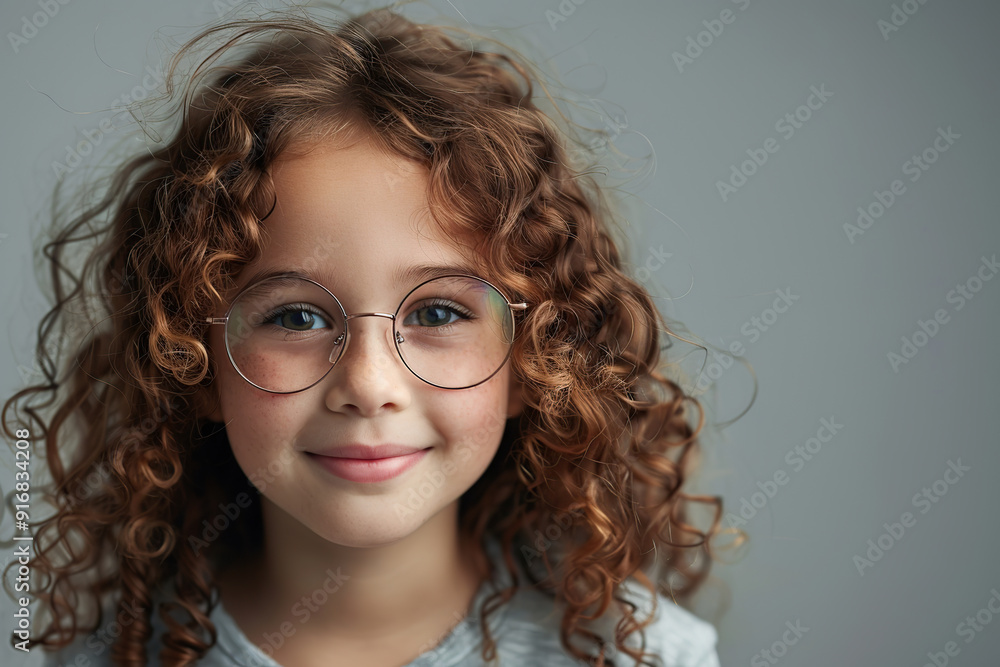 Cute little girl in eyeglasses with curly hair on grey background Cute little girl in eyeglasses with curly hair on grey background