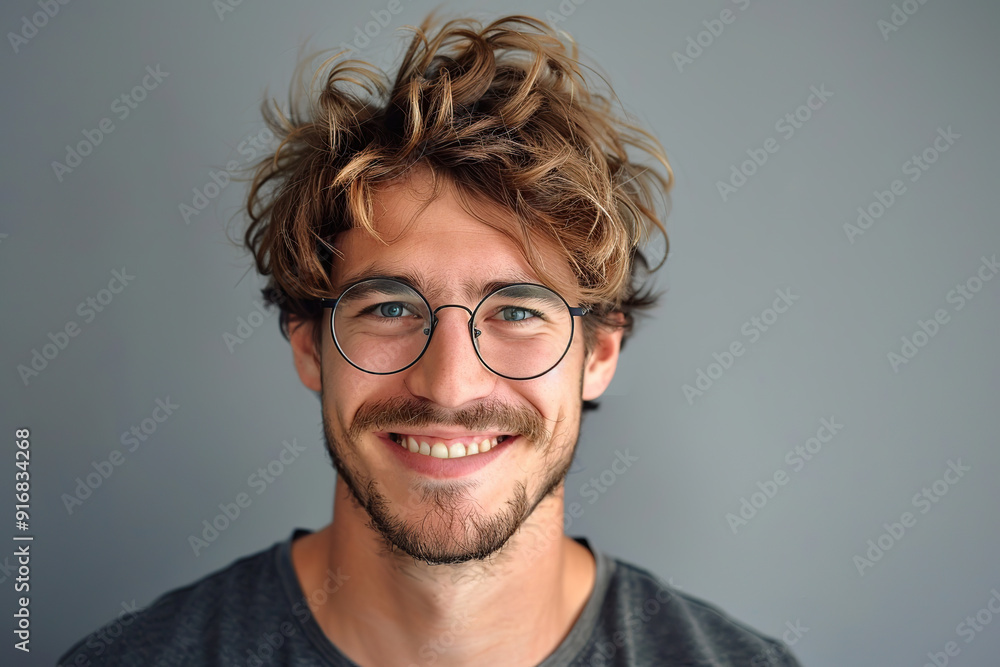 Cute handsome man in eyeglasses on grey background Cute handsome man in eyeglasses on grey background
