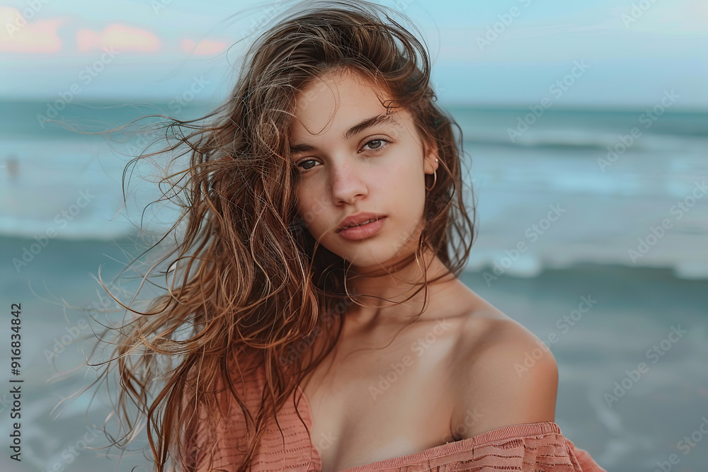 Cute attractive woman with curly hair on blurred ocean background Cute attractive woman with curly hair on blurred ocean background