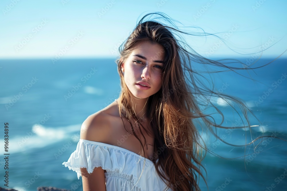 Naklejka premium Cute attractive woman with curly hair on blurred ocean background