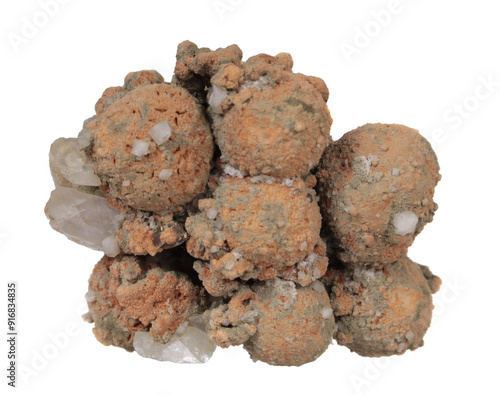 Cluster of siderite balls with calcite, from Nikolaevskiy Mine, Dalnegorsk, Russia. Collection mineral isolated on white background photo