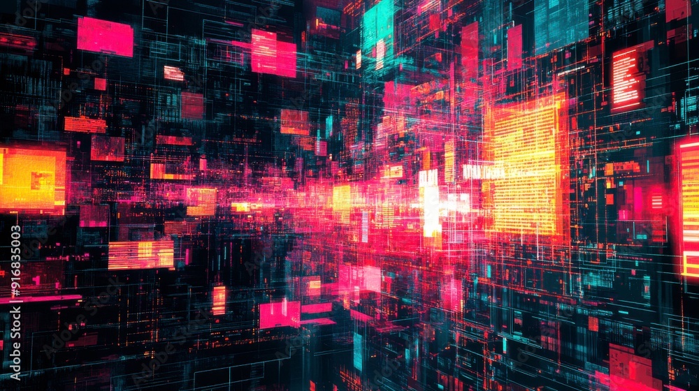 Cyber defense in a vast digital ocean. Pulsating screens and avatars guarding the perimeter, cyberpunk style.