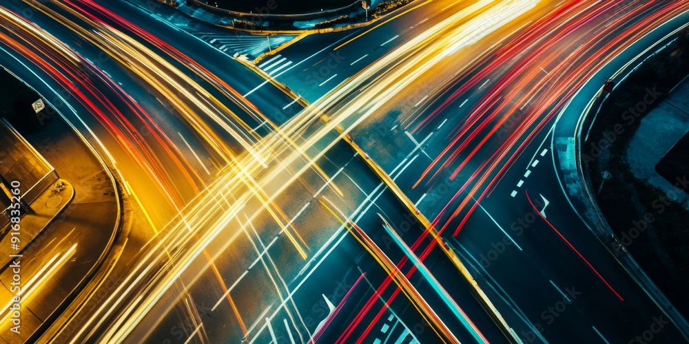 Fototapeta premium Urban Nightscape: A Bird's Eye View of a Bustling Highway at Night with the Flowing Lights of Vehicles, Capturing the Pulse of City Life and Traffic Dynamics