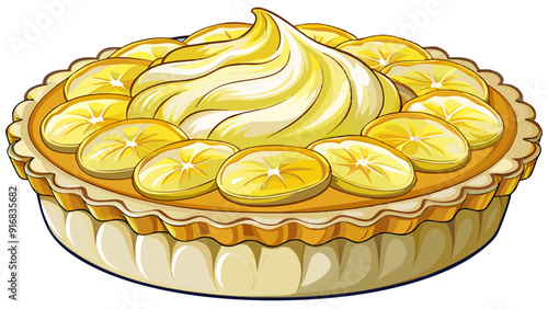 Close-up of a lemon meringue pie featuring a golden crust, zesty lemon filling isolated on white transparent background.