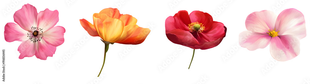 Collection of 4 blooming flowers, isolated on transparent background Collection of 4 blooming flowers, isolated on transparent background
