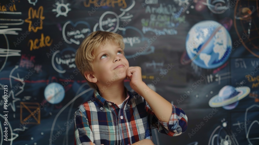Cute happy dreamy kid boy school student holding hand on chin looking away and dreaming standing at blackboard background. Child pupil thinking of new creative ideas, planning future or choosing Cute happy dreamy kid boy school student holding hand on chin looking away and dreaming standing at blackboard background. Child pupil thinking of new creative ideas, planning future or choosing