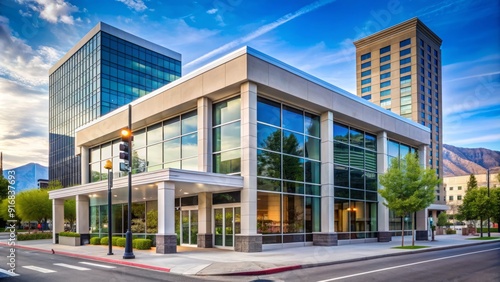 Modern American national bank branch in Salt Lake City, Utah, with sleek architecture and financial institution signage.