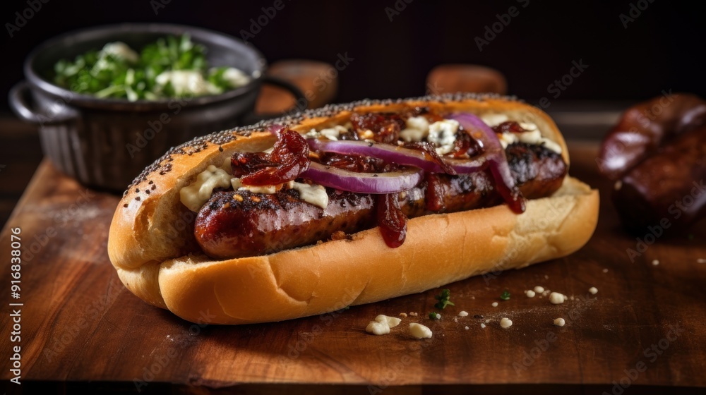 Grilled Sausage with Toppings on a Bun Grilled Sausage with Toppings on a Bun