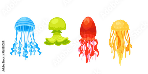 Four jellyfishes with different colors and shapes are swimming underwater in the ocean