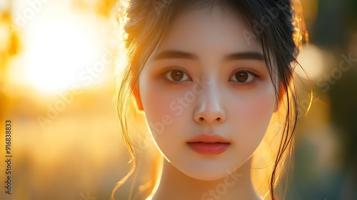 A chinese beautiful girl,beautiful lighting,,in a bright background,headshot,front view,looking at the camera,The first: Anada, a sage of foresight, with wisdom as dazzling as the sun. Second: female photo