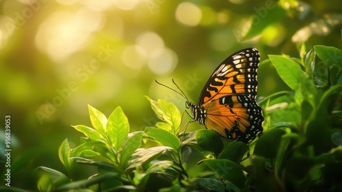 Monarch Butterfly Resting on Lush Green Foliage in Sunlight