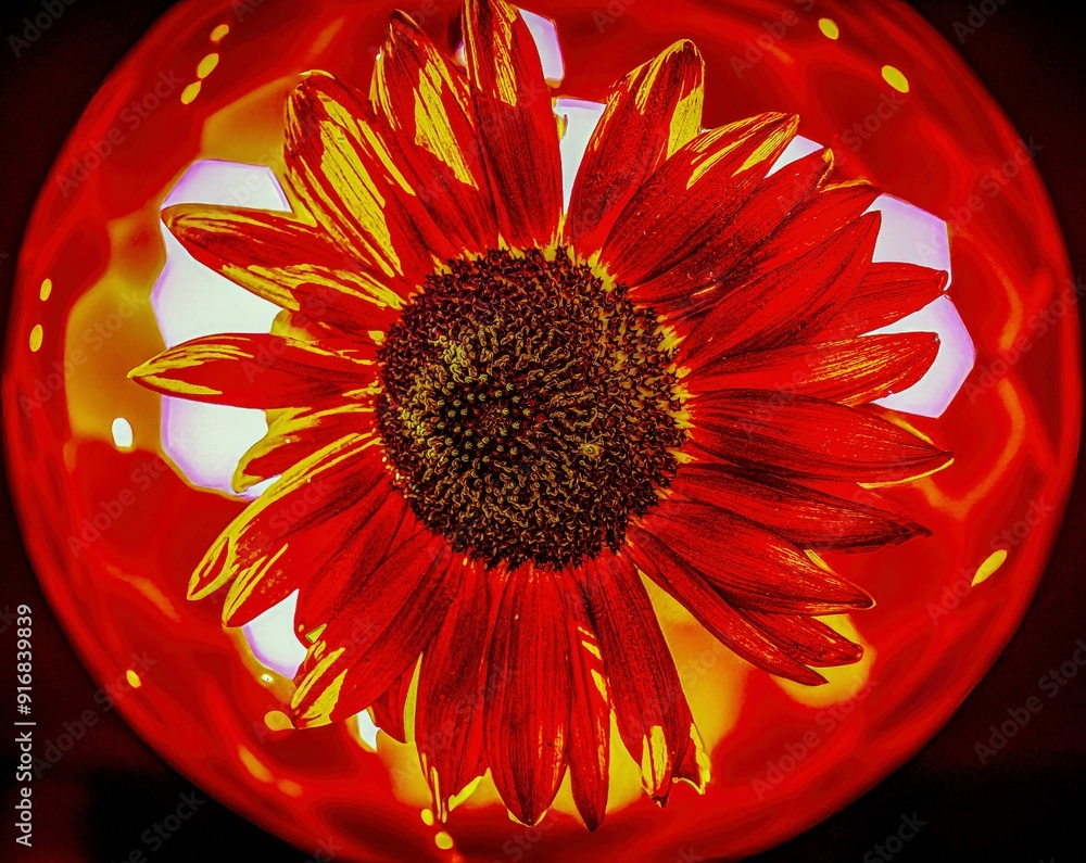 Sunflower in red light on a glass ball