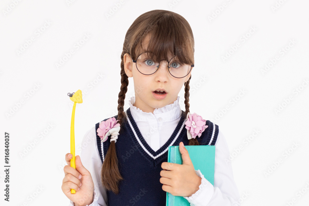 I know the answer. Beautiful smiling and happy student girl with notepad and pen in hands isolated on white background I know the answer. Beautiful smiling and happy student girl with notepad and pen in hands isolated on white background