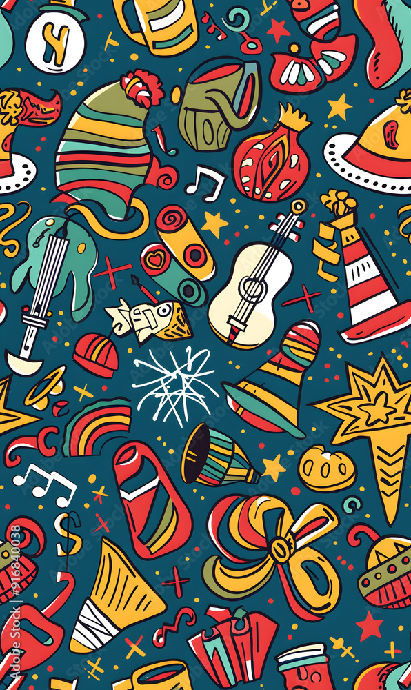 Fototapeta premium 2D illustrated New Year card in a cute graphic style seamless pattern.