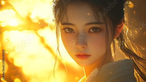 A chinese beautiful girl,beautiful lighting,,in a bright background,headshot,front view,looking at the camera,The first generation: Ixchel, the goddess of gold, whose temple of gold was crumbling in photo