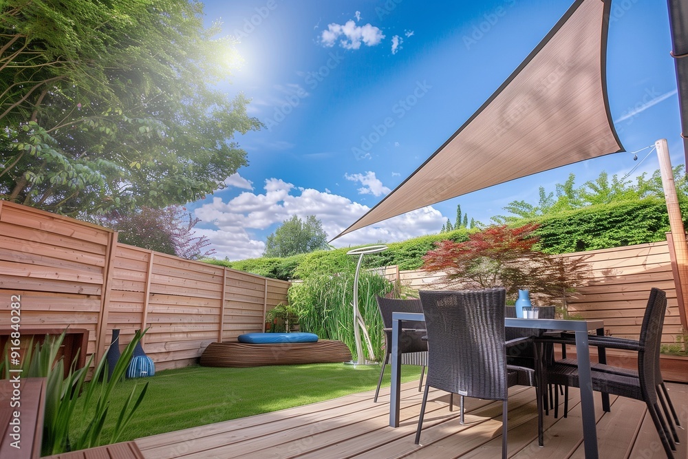Modern wooden terrace with minimalist dining furniture and a gray shade sail. Modern wooden terrace with minimalist dining furniture and a gray shade sail.