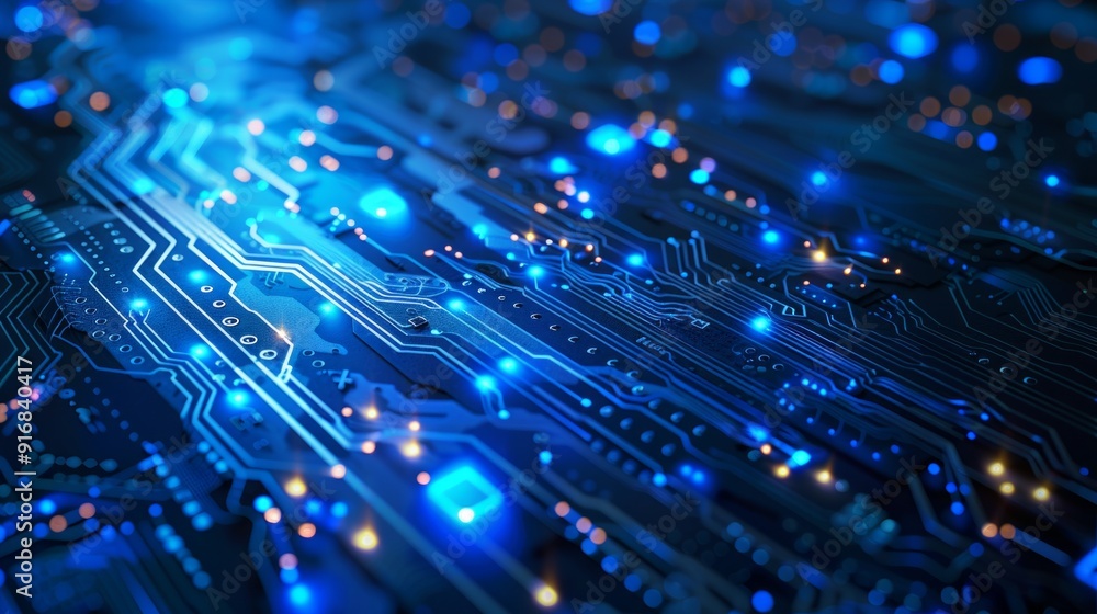 Close-up of an advanced circuit board with blue and gold lights, creating a futuristic and vibrant tech aesthetic. Displays intricate circuits on a deep blue background. Close-up of an advanced circuit board with blue and gold lights, creating a futuristic and vibrant tech aesthetic. Displays intricate circuits on a deep blue background.
