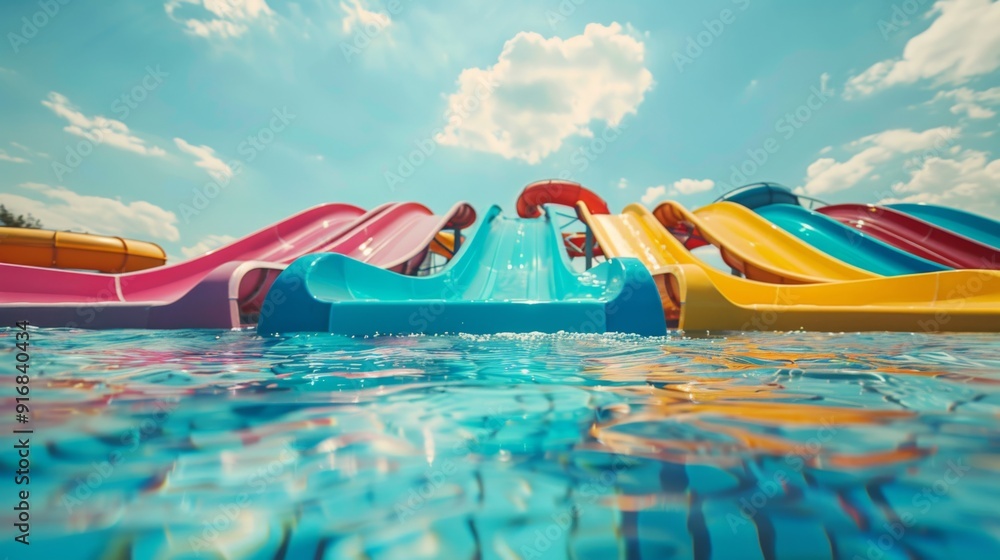 Bottom view of a water park with multicolored slides in a swimming pool with a clear sky and clouds on background. Children playground, summer sports and fun activities concept Bottom view of a water park with multicolored slides in a swimming pool with a clear sky and clouds on background. Children playground, summer sports and fun activities concept
