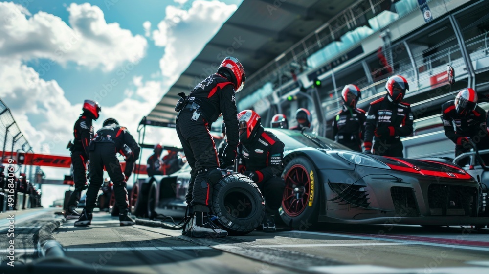 A fast-paced pit crew at a racing event works on a sleek car with red accents, showcasing teamwork and preparation for the race. A fast-paced pit crew at a racing event works on a sleek car with red accents, showcasing teamwork and preparation for the race.