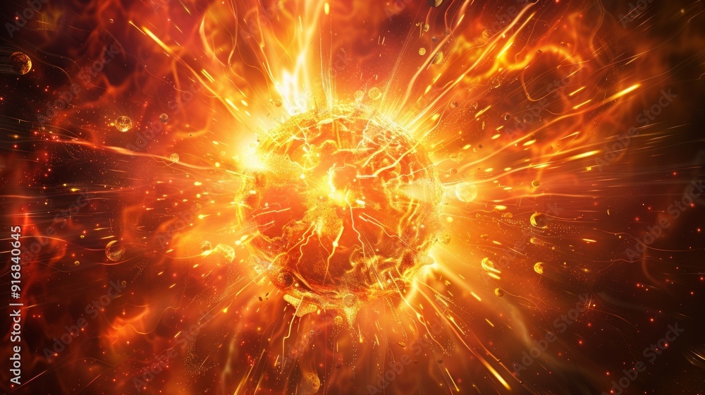A vibrant, fiery celestial body depicted with intense colors and energy, possibly representing a planet with a dense core and gas atmosphere in outer space. A vibrant, fiery celestial body depicted with intense colors and energy, possibly representing a planet with a dense core and gas atmosphere in outer space.