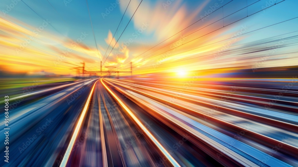 A high-speed train in motion at sunset, captured with blur for speed effect. Tracks, vibrant sky, and railway details create a dynamic and warm scene at a station. A high-speed train in motion at sunset, captured with blur for speed effect. Tracks, vibrant sky, and railway details create a dynamic and warm scene at a station.