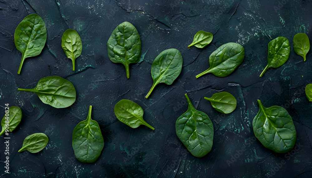 Fresh spinach leaves on dark textured table, flat lay Fresh spinach leaves on dark textured table, flat lay