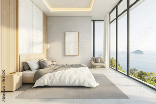 Luxury minimalist bed room, two floor high ceiling. Sea view outside the window. Spacious cozy bed.