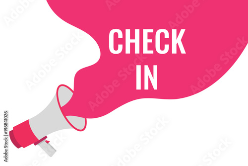 check in button, banner, label, template for website. check in text with colorful megaphone icon
