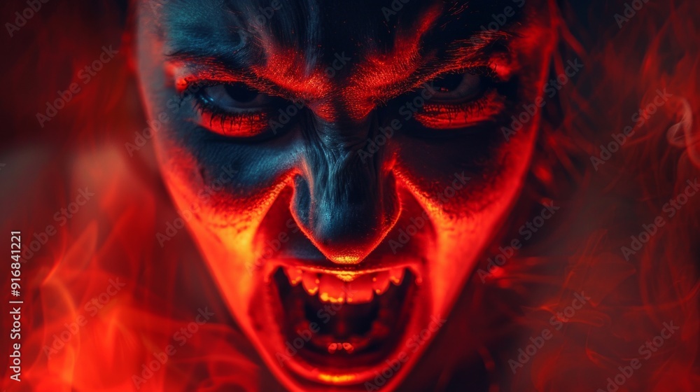 The eerie image shows a woman as a demon-like figure with red eyes, sharp teeth, and red smoke, creating a menacing and supernatural ambiance. The eerie image shows a woman as a demon-like figure with red eyes, sharp teeth, and red smoke, creating a menacing and supernatural ambiance.
