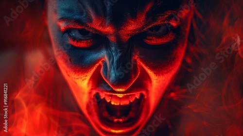 The eerie image shows a woman as a demon-like figure with red eyes, sharp teeth, and red smoke, creating a menacing and supernatural ambiance.