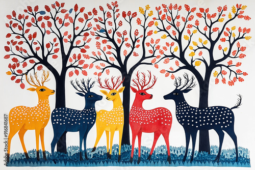 Traditional Gond art from India of deer and trees against a white background.