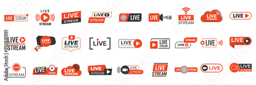 Live stream button icon set in flat style. Webinar vector illustration on isolated background. Streaming sign business concept.