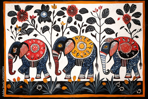 Traditional Gond art from India of elephants and trees against a textured white background. photo