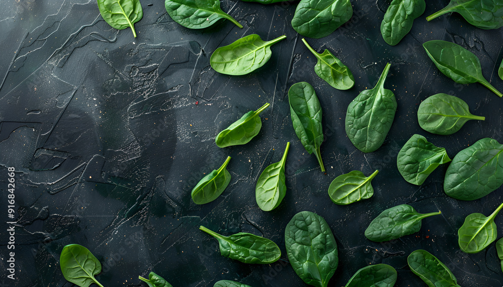 Fresh spinach leaves on dark textured table, flat lay Fresh spinach leaves on dark textured table, flat lay