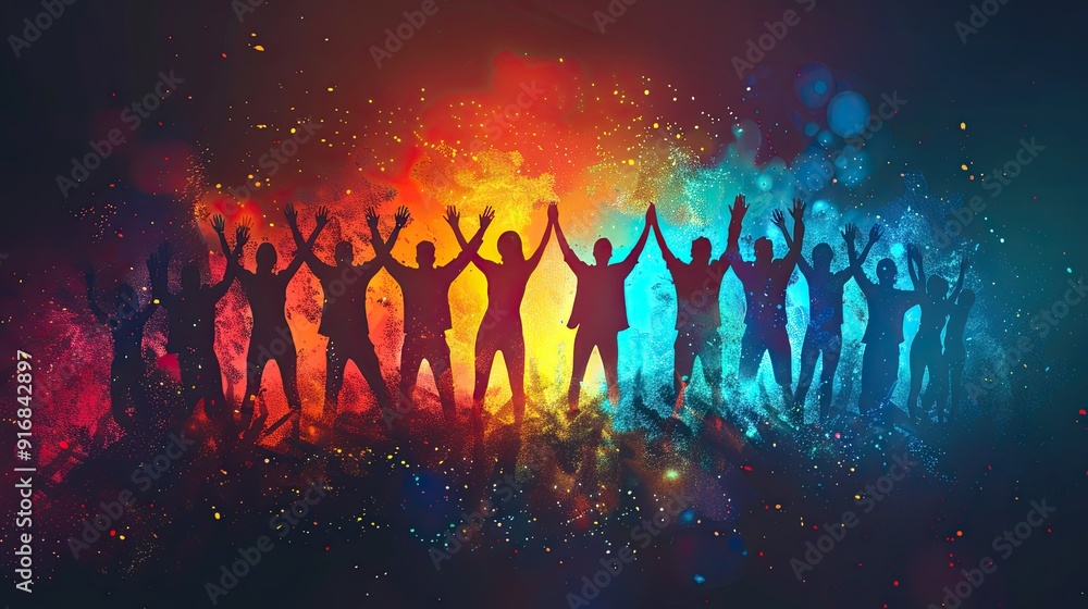 Multi-person team back, lively, dark background Multi-person team back, lively, dark background