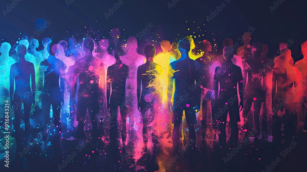 Multi-person team back, lively, dark background Multi-person team back, lively, dark background