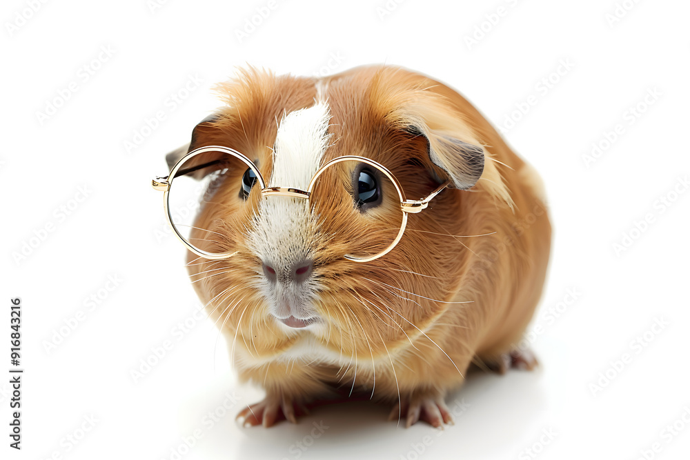 Fototapeta premium Guinea pig wearing round glasses isolated on a white background