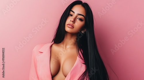 19 year old woman with long slick black hair wearing fashionable clothes, big chest photo