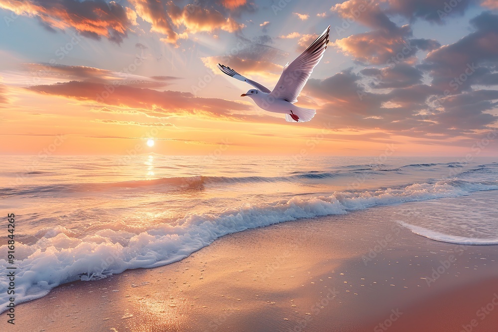 Naklejka premium White seagull are flying above the beach