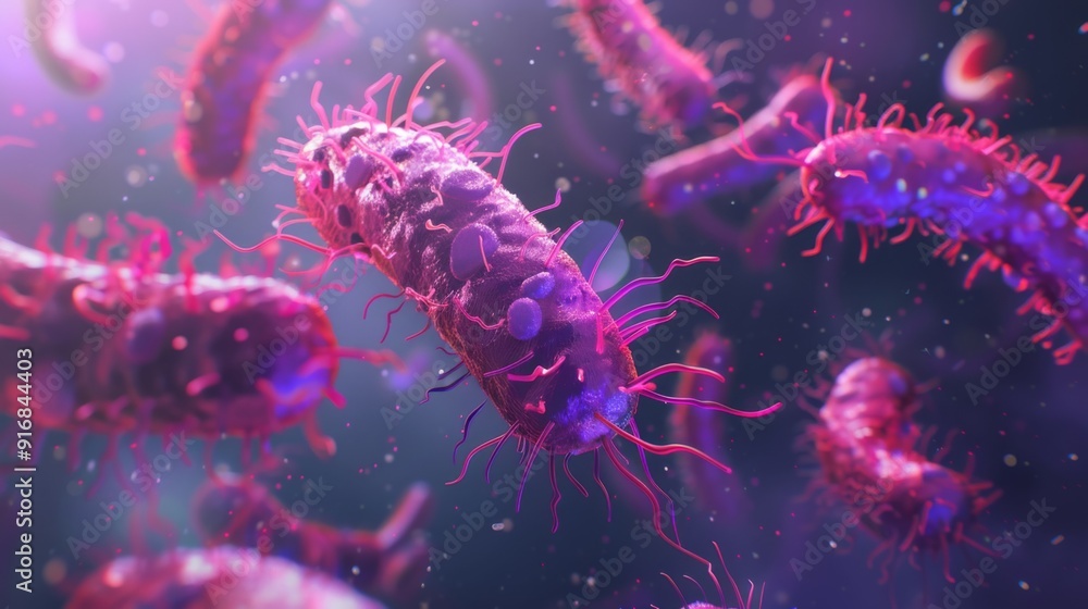 Red and purple bacterial cells in dynamic motion, digital art for scientific visualization. Microbiology and health concept Red and purple bacterial cells in dynamic motion, digital art for scientific visualization. Microbiology and health concept