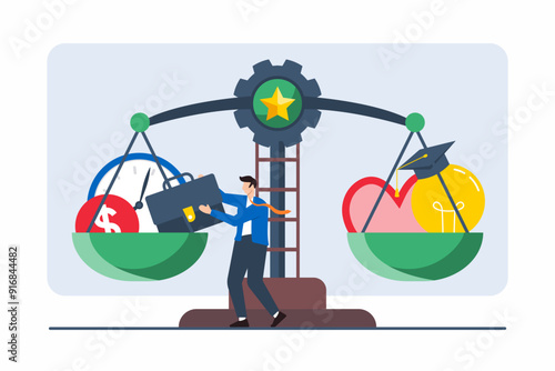 Flat illustration of professional weighing options on scale symbolizing career decision-making