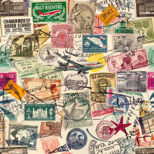 Wallpaper Mural A collage of vintage travel stamps, postcards, and airplane illustrations. Torontodigital.ca