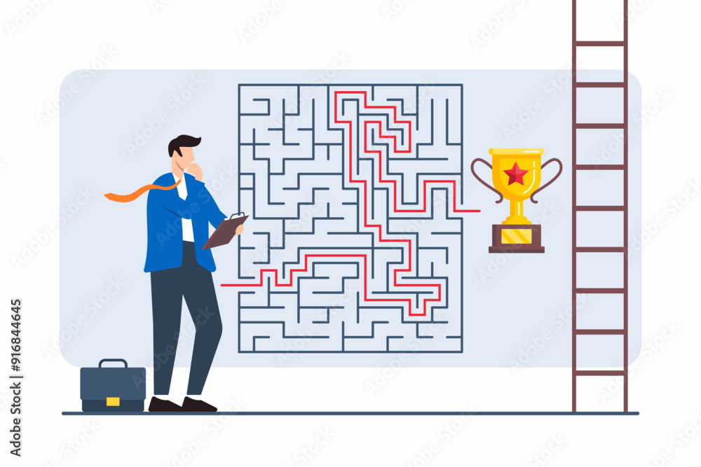 Flat illustration of person analyzing maze with various career paths leading to different success points Flat illustration of person analyzing maze with various career paths leading to different success points