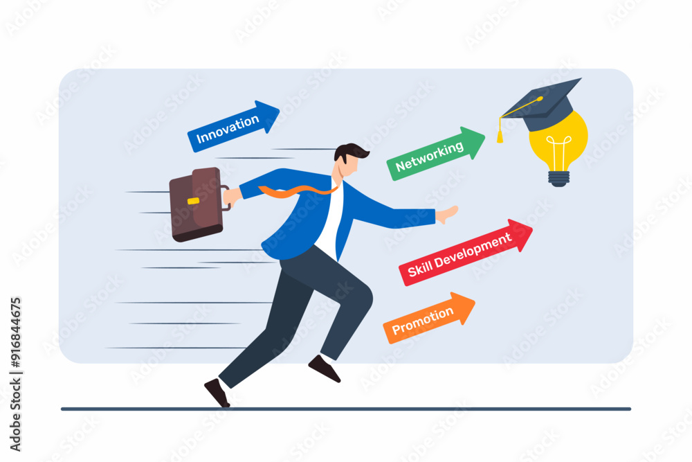 Flat illustration of businessman running through series of arrows representing rapid career progress and choices Flat illustration of businessman running through series of arrows representing rapid career progress and choices