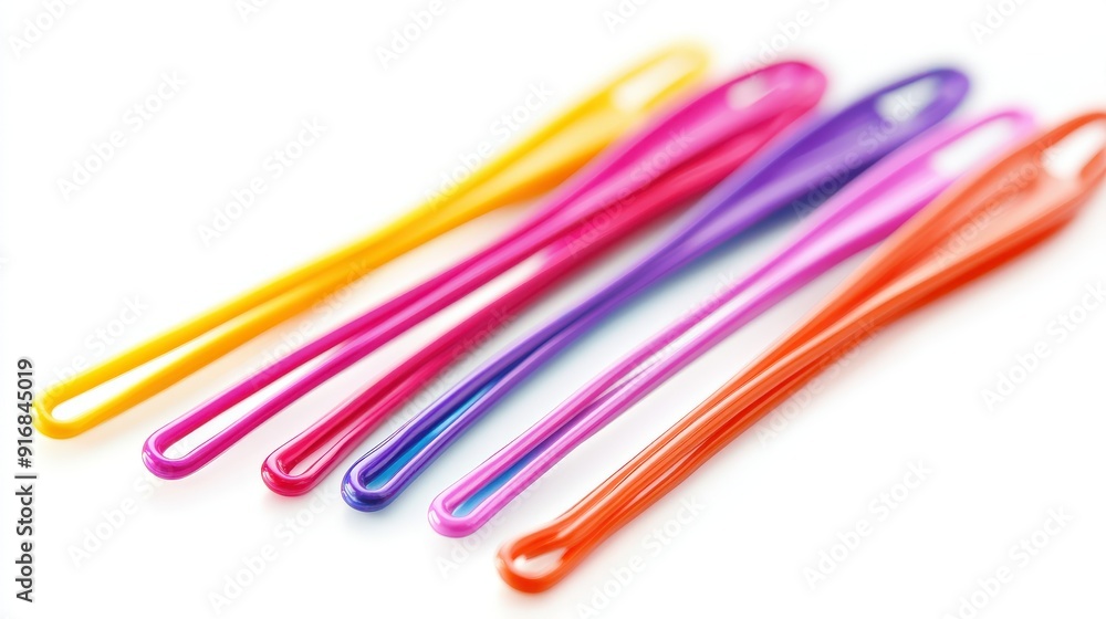A collection of colorful hairpins arranged in a row. A collection of colorful hairpins arranged in a row.