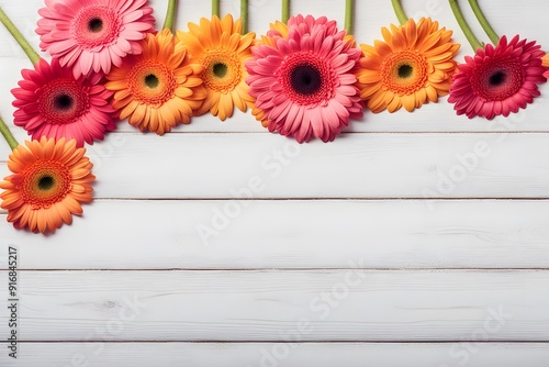 Gerbera daisy flowers on white wooden table, AI Generated