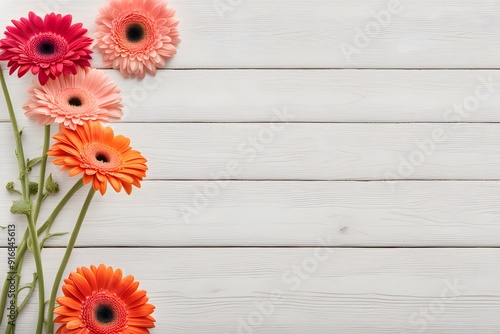 Gerbera daisy flowers on white wooden table, AI Generated